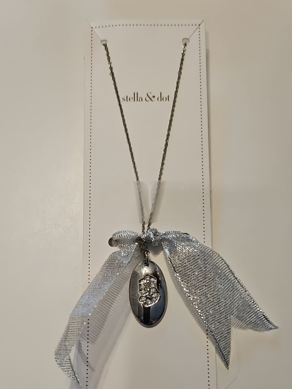 Stella & Dot Silver Pavé Oval Shield Necklace with Ribbon